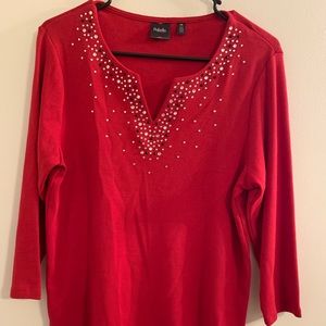 Rafaella Size PM Red Blouse w Embellished Neckline